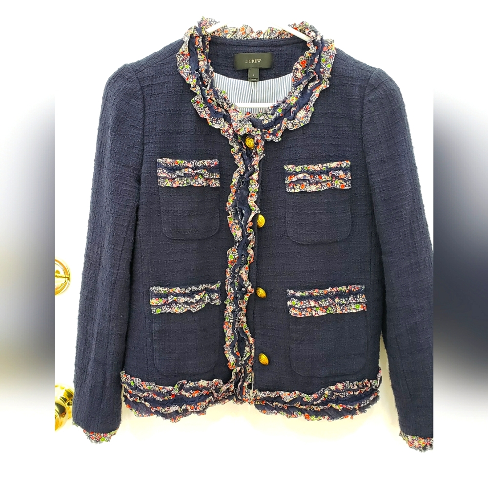 J. Crew Navy Tweed Jacket with Multicolor Trim